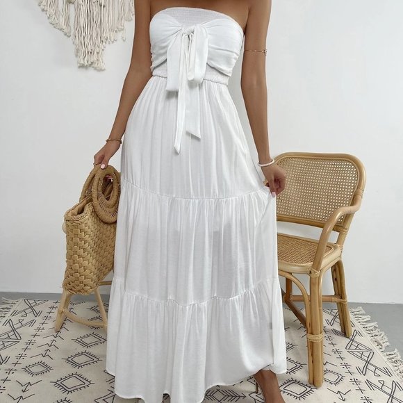 . Dresses & Skirts - White Preppy Womens Tie Front Shirred Ruffle Hem Tube Dress